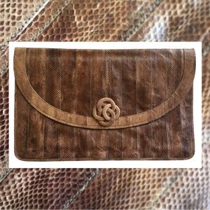 Vintage 80s 90s Shoesstrings Snakeskin Clutch Purse Bag Brown 11.5” x 7.5”